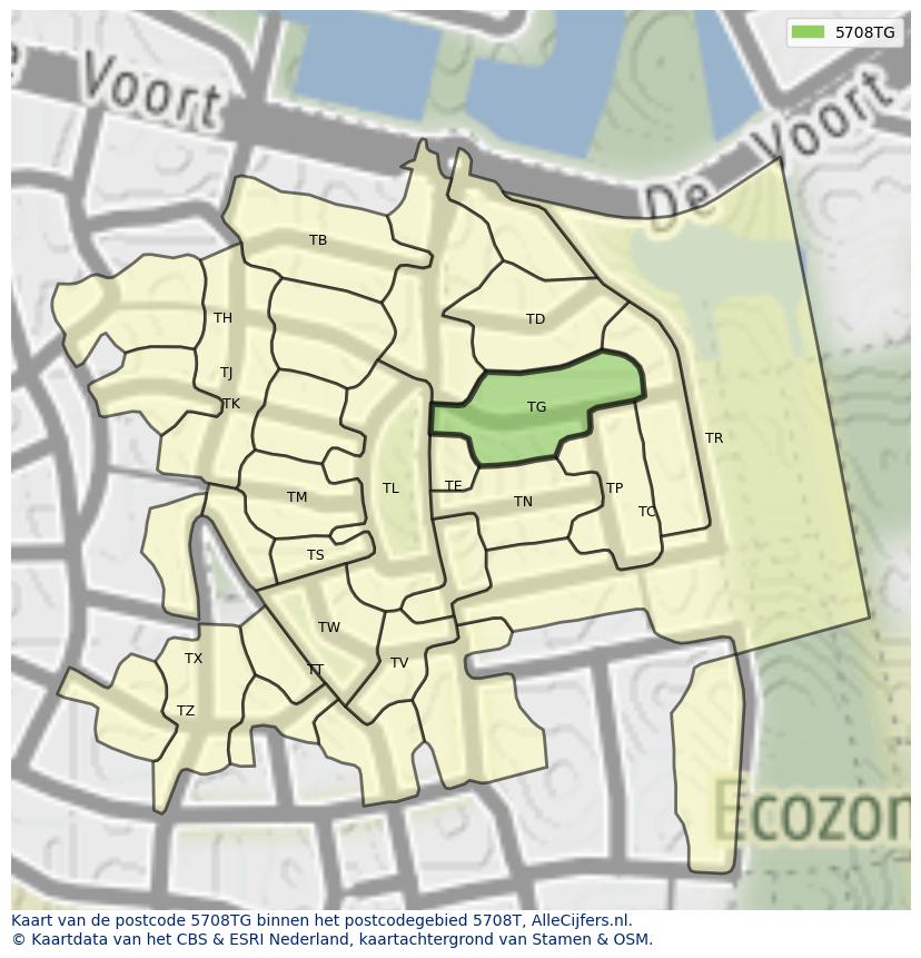 Afbeelding van het postcodegebied 5708 TG op de kaart.