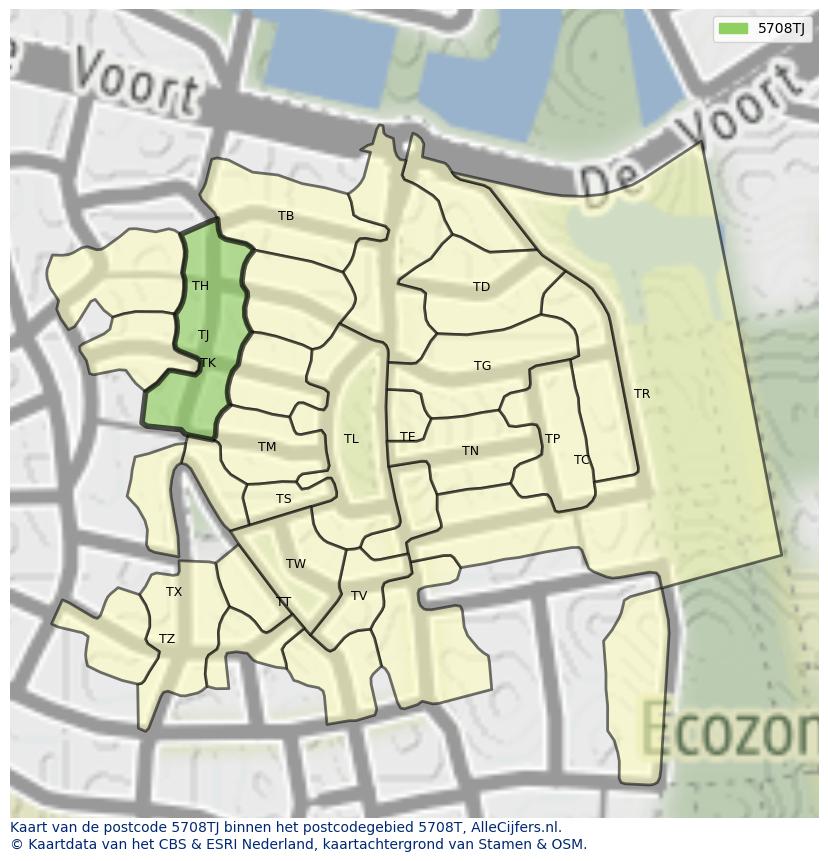 Afbeelding van het postcodegebied 5708 TJ op de kaart.