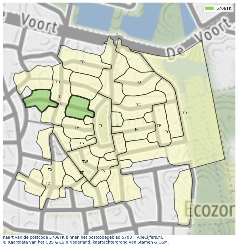 Afbeelding van het postcodegebied 5708 TK op de kaart.