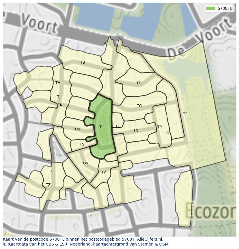 Afbeelding van het postcodegebied 5708 TL op de kaart.