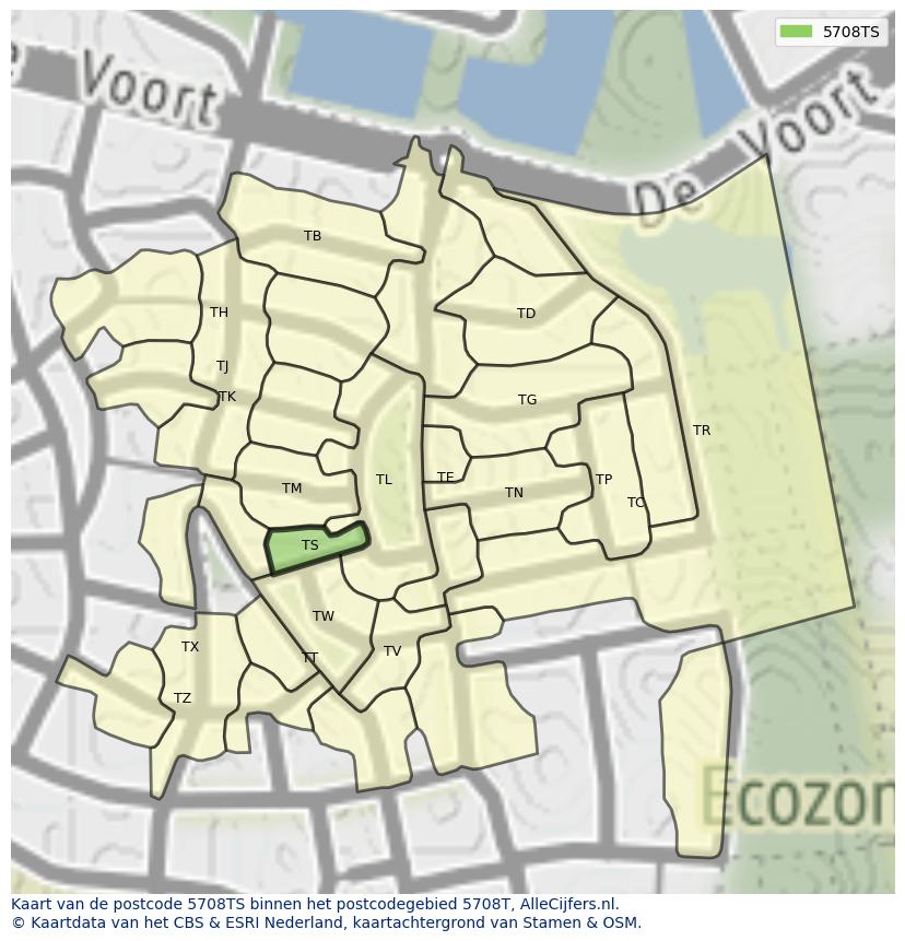 Afbeelding van het postcodegebied 5708 TS op de kaart.