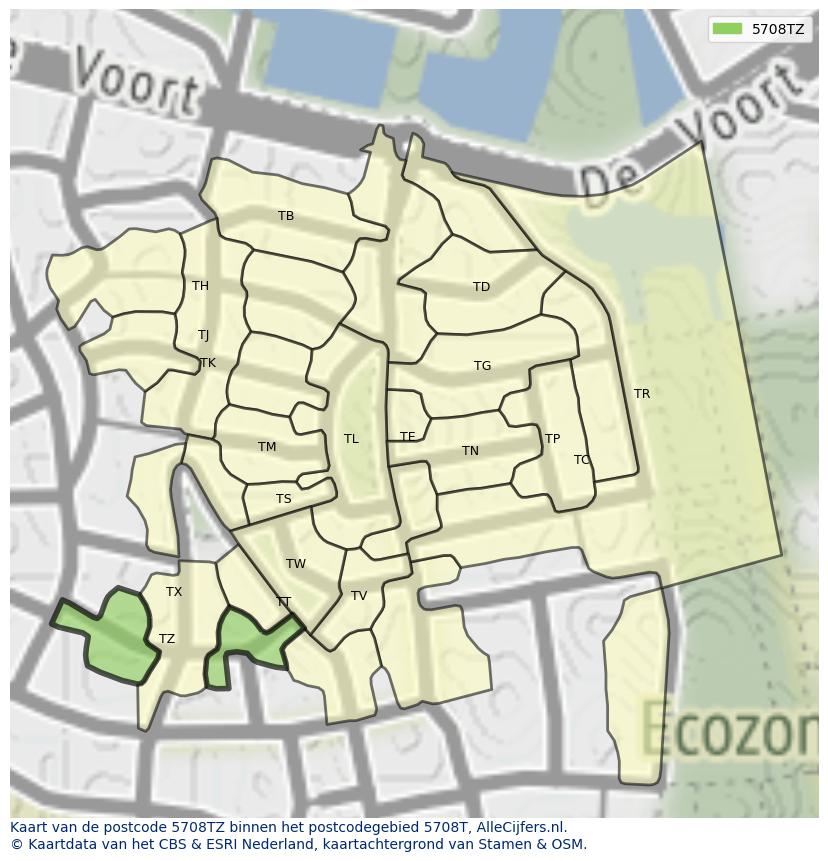 Afbeelding van het postcodegebied 5708 TZ op de kaart.