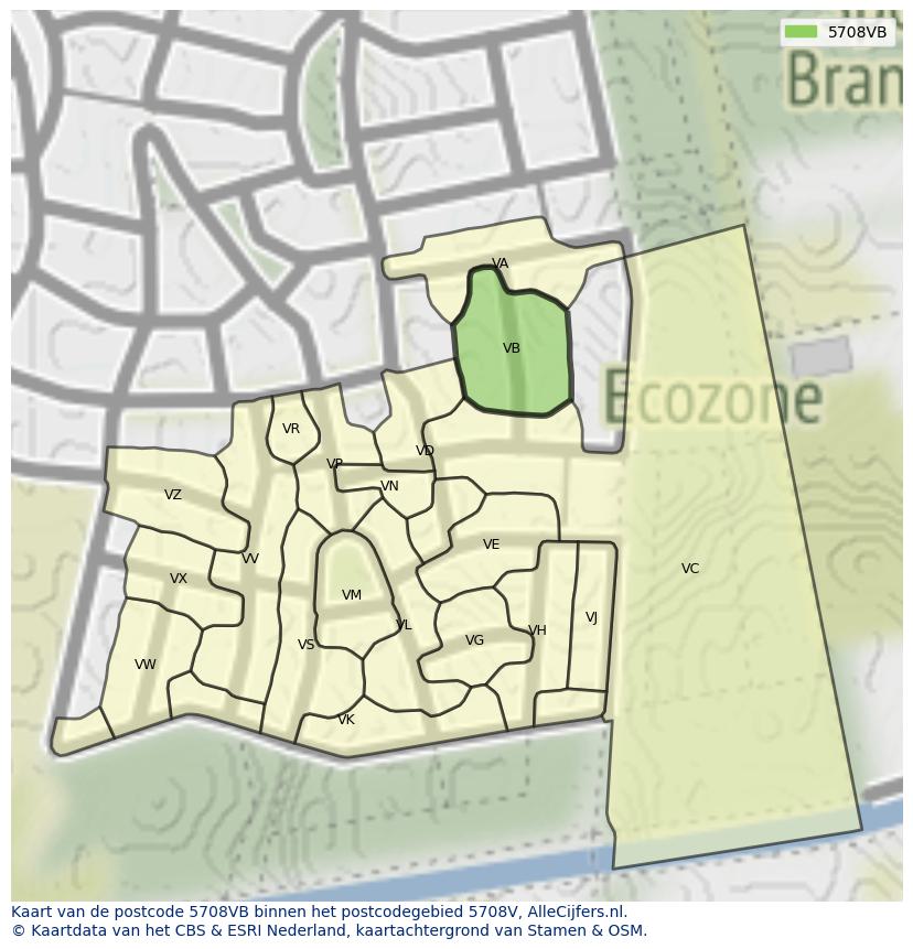Afbeelding van het postcodegebied 5708 VB op de kaart.