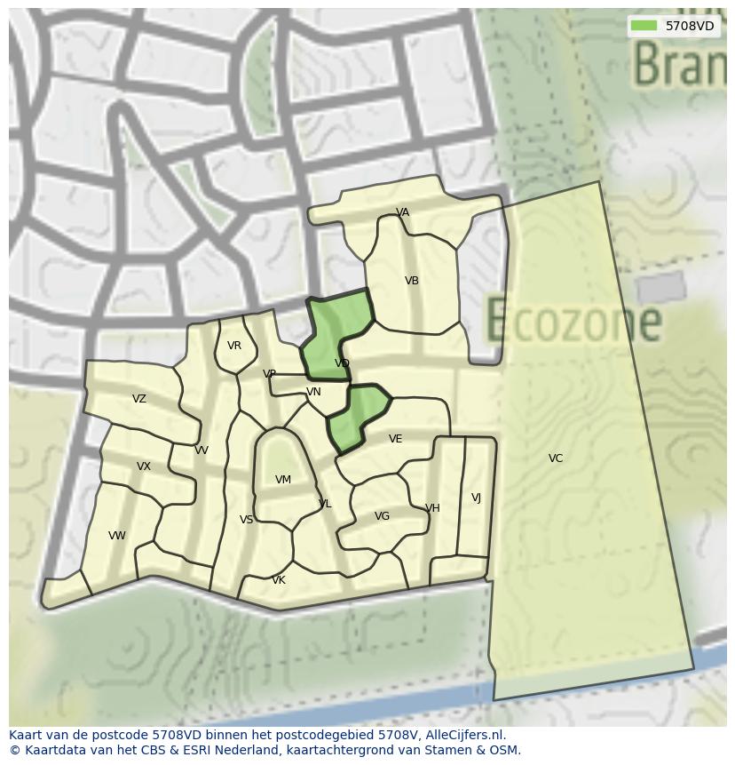 Afbeelding van het postcodegebied 5708 VD op de kaart.