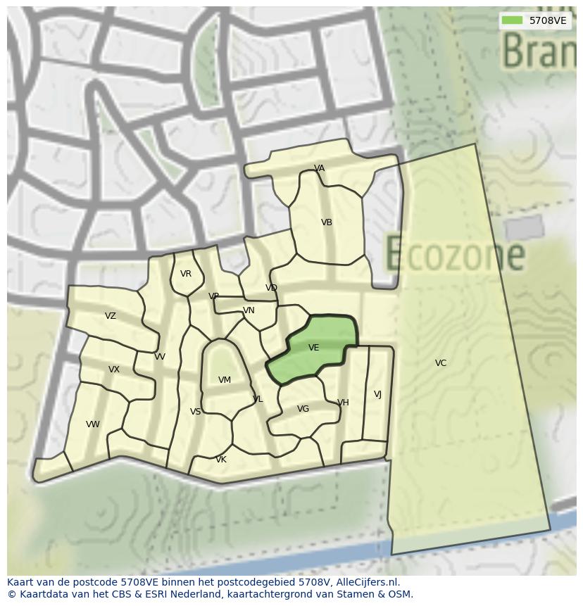 Afbeelding van het postcodegebied 5708 VE op de kaart.