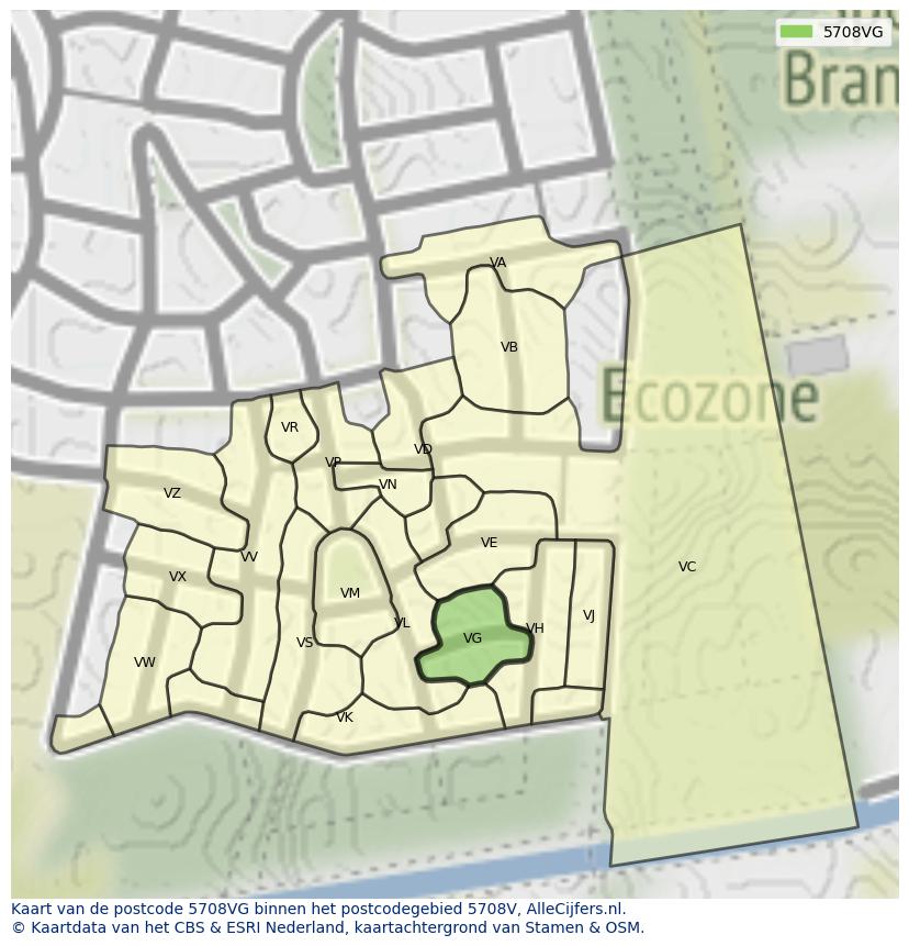 Afbeelding van het postcodegebied 5708 VG op de kaart.