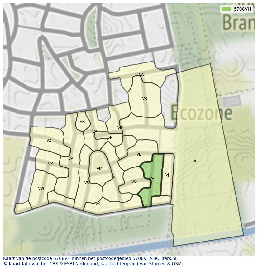Afbeelding van het postcodegebied 5708 VH op de kaart.