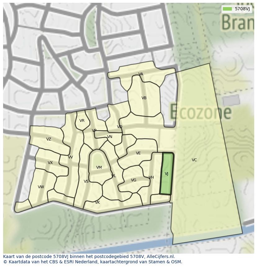 Afbeelding van het postcodegebied 5708 VJ op de kaart.