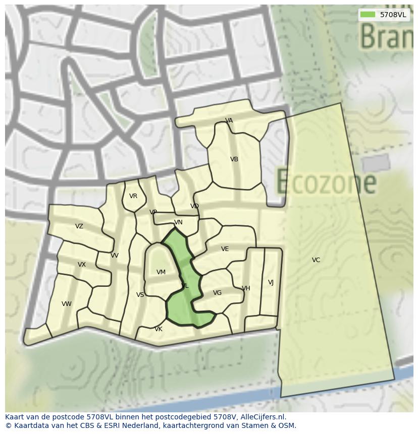 Afbeelding van het postcodegebied 5708 VL op de kaart.