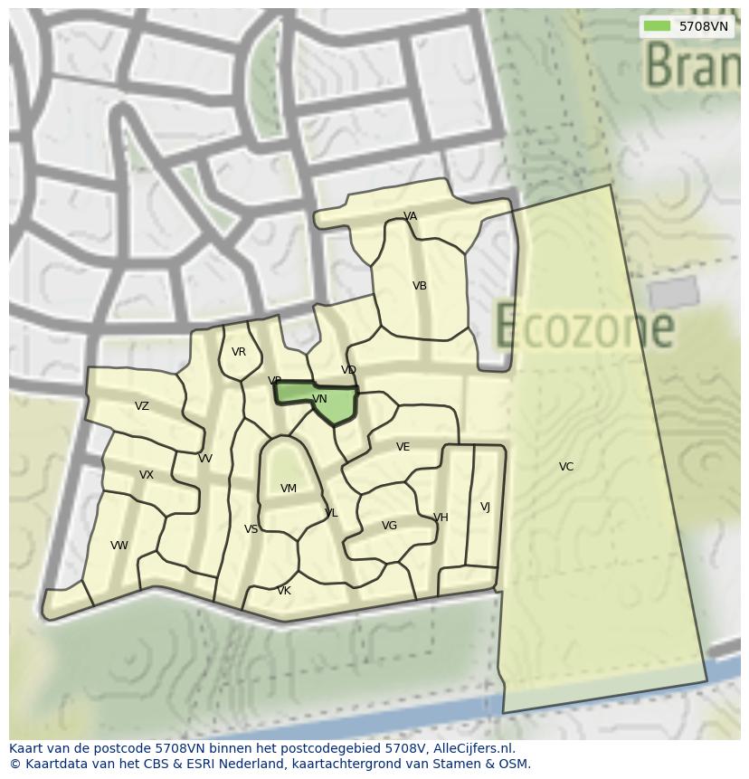 Afbeelding van het postcodegebied 5708 VN op de kaart.