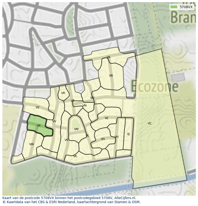 Afbeelding van het postcodegebied 5708 VX op de kaart.
