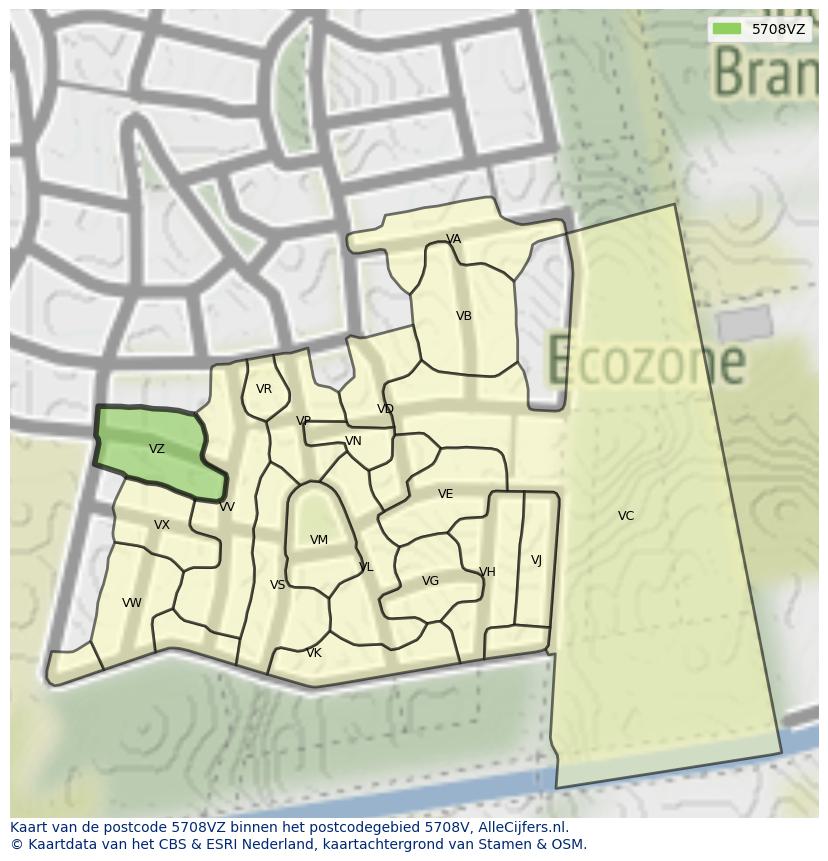 Afbeelding van het postcodegebied 5708 VZ op de kaart.