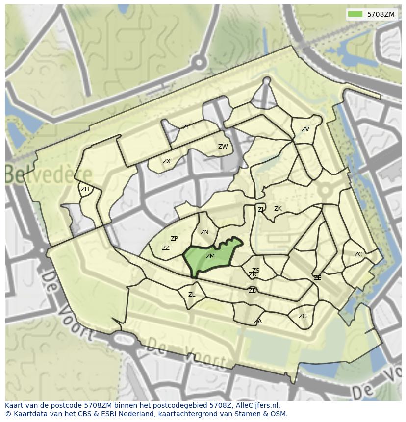 Afbeelding van het postcodegebied 5708 ZM op de kaart.