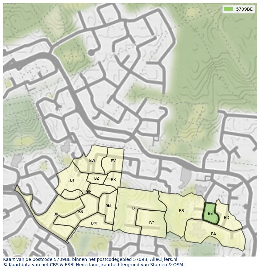 Afbeelding van het postcodegebied 5709 BE op de kaart.