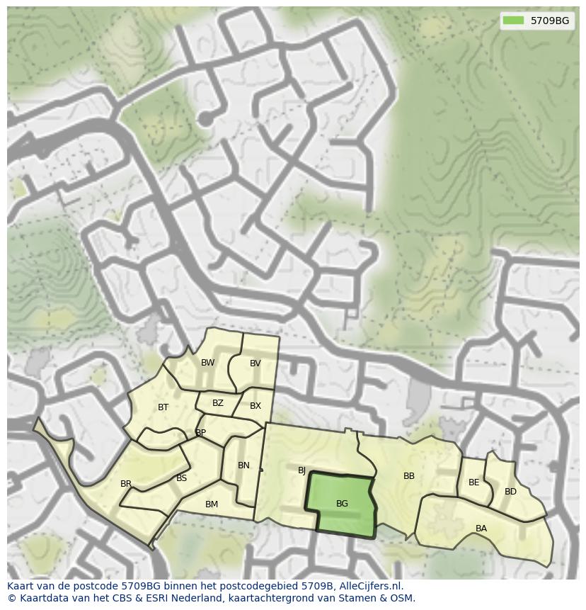 Afbeelding van het postcodegebied 5709 BG op de kaart.
