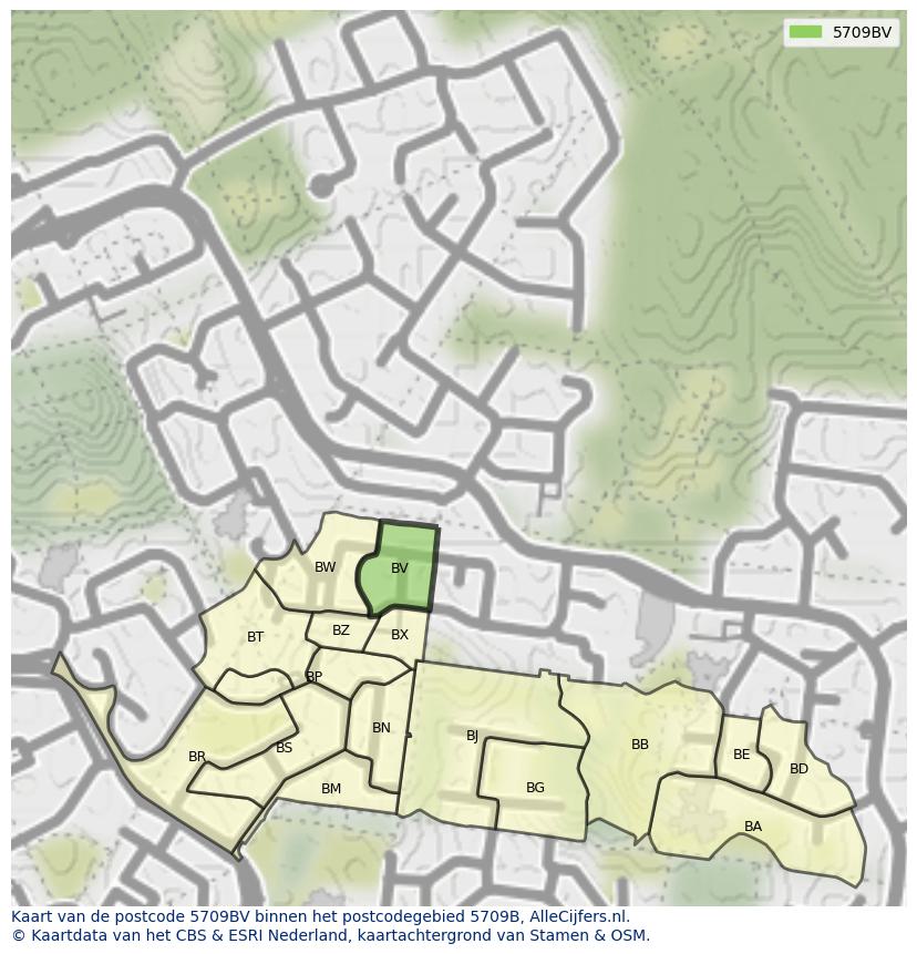 Afbeelding van het postcodegebied 5709 BV op de kaart.