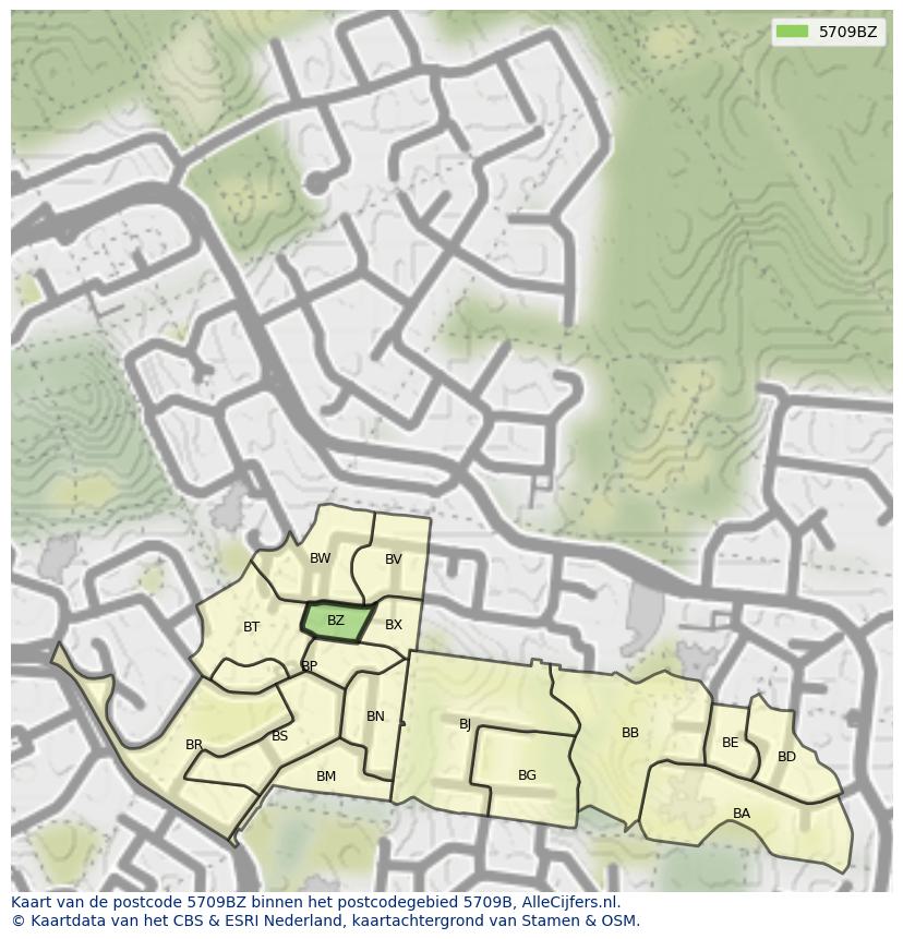 Afbeelding van het postcodegebied 5709 BZ op de kaart.