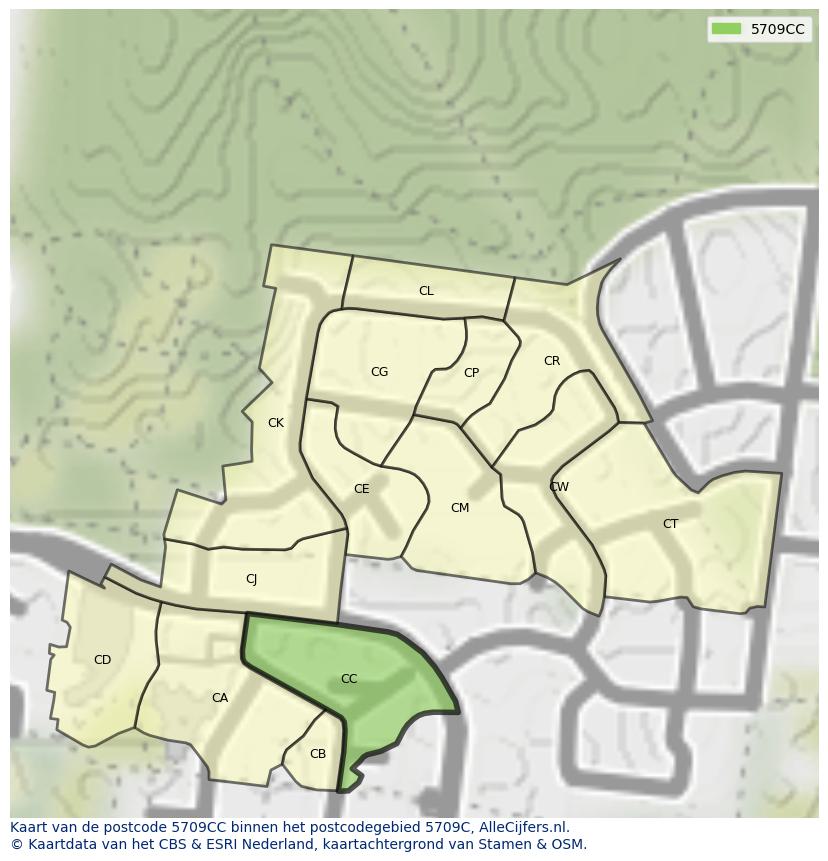 Afbeelding van het postcodegebied 5709 CC op de kaart.