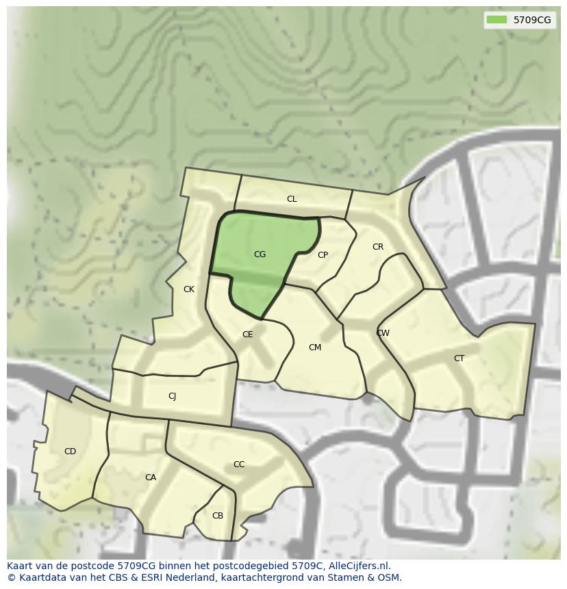 Afbeelding van het postcodegebied 5709 CG op de kaart.