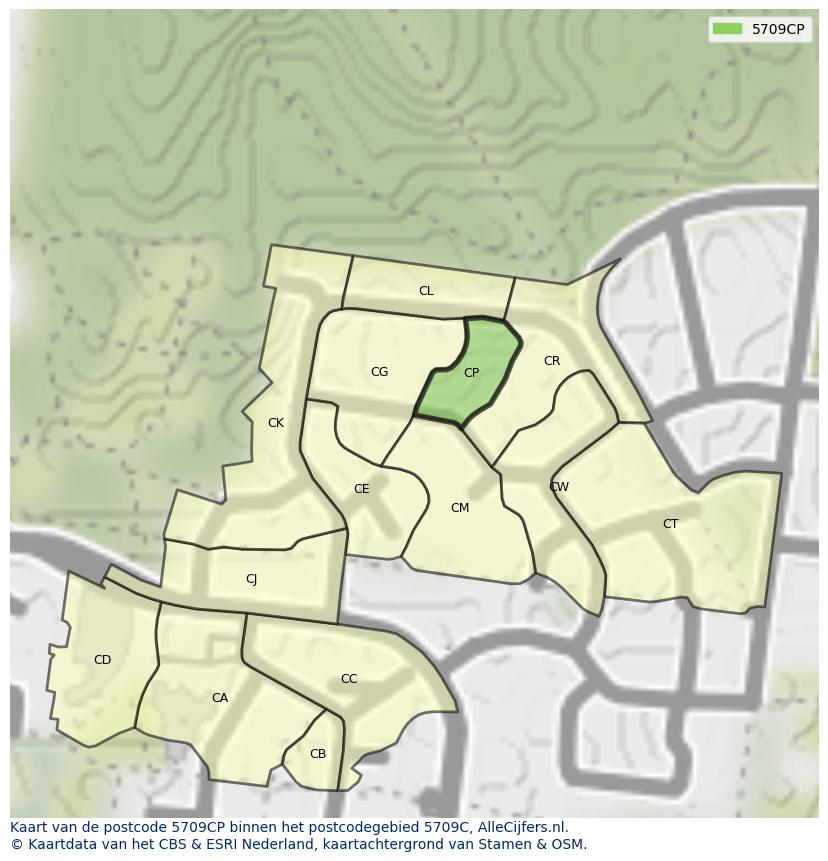 Afbeelding van het postcodegebied 5709 CP op de kaart.