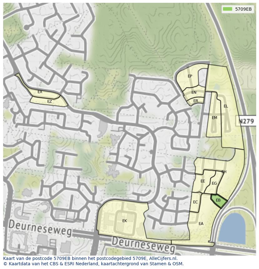 Afbeelding van het postcodegebied 5709 EB op de kaart.