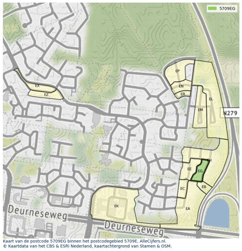 Afbeelding van het postcodegebied 5709 EG op de kaart.