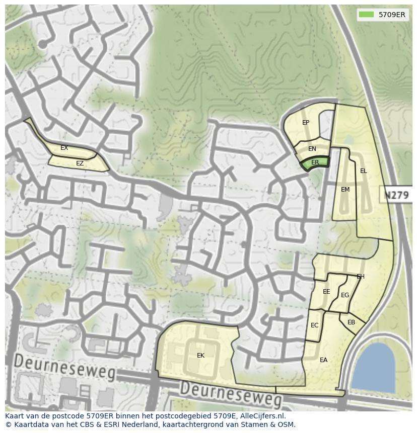 Afbeelding van het postcodegebied 5709 ER op de kaart.