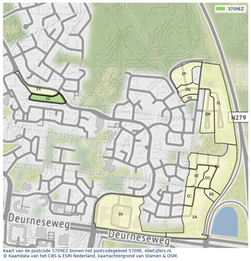 Afbeelding van het postcodegebied 5709 EZ op de kaart.