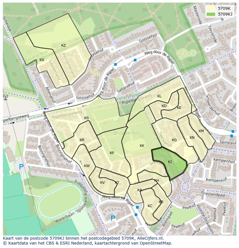 Afbeelding van het postcodegebied 5709 KJ op de kaart.