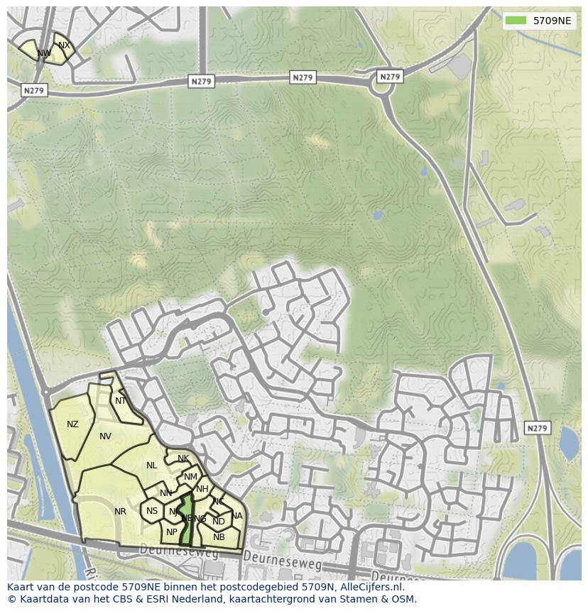 Afbeelding van het postcodegebied 5709 NE op de kaart.