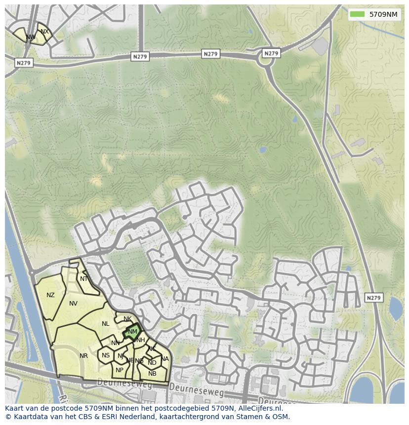 Afbeelding van het postcodegebied 5709 NM op de kaart.