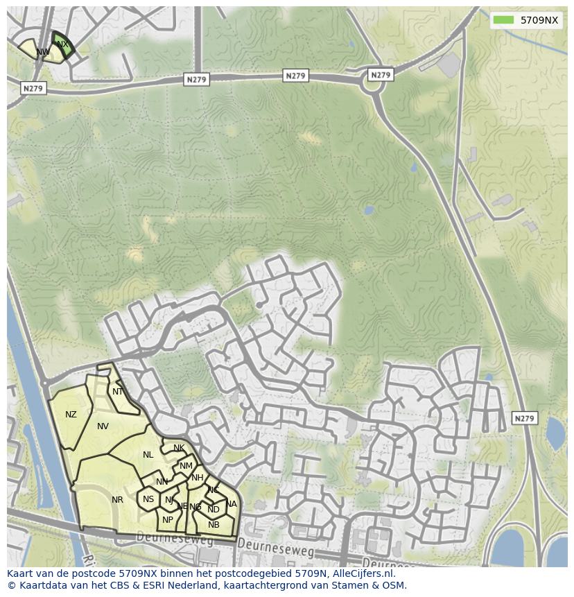 Afbeelding van het postcodegebied 5709 NX op de kaart.