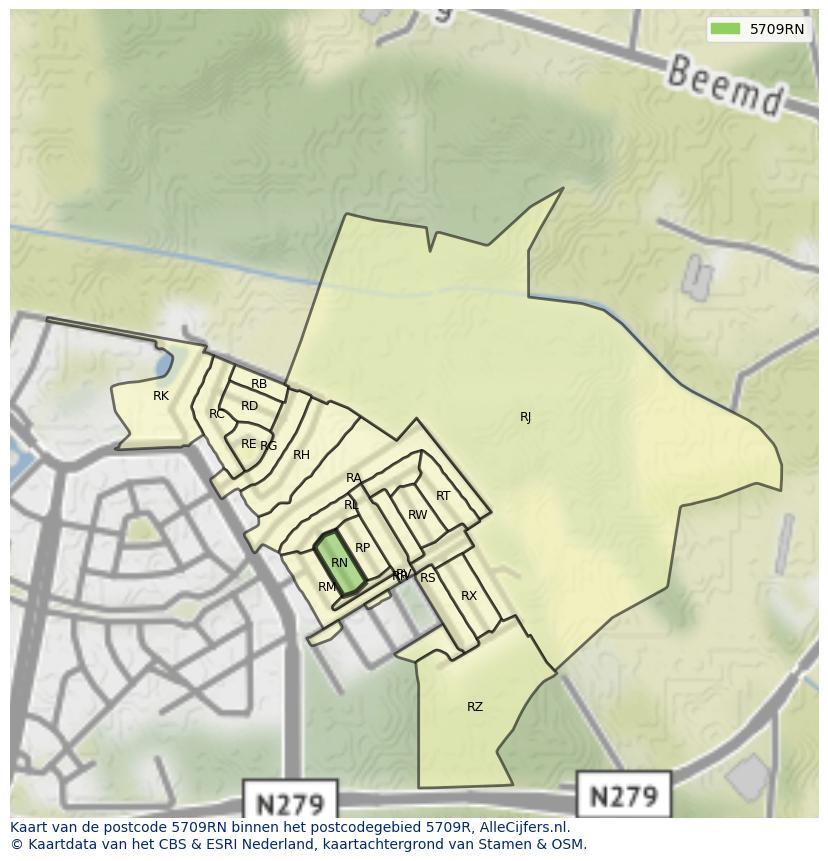 Afbeelding van het postcodegebied 5709 RN op de kaart.