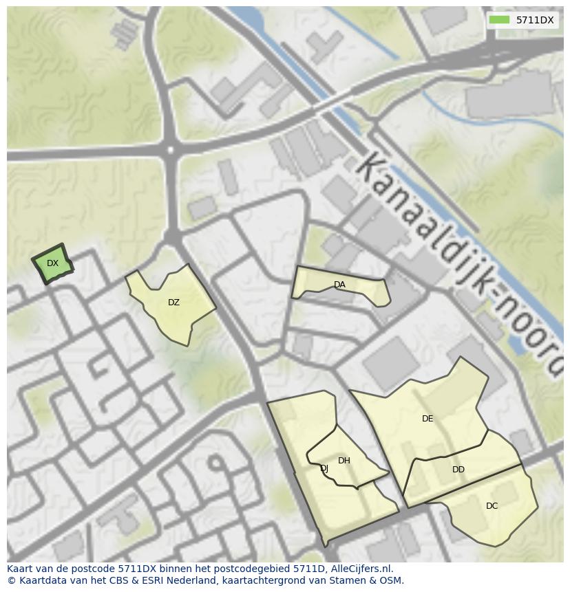 Afbeelding van het postcodegebied 5711 DX op de kaart.