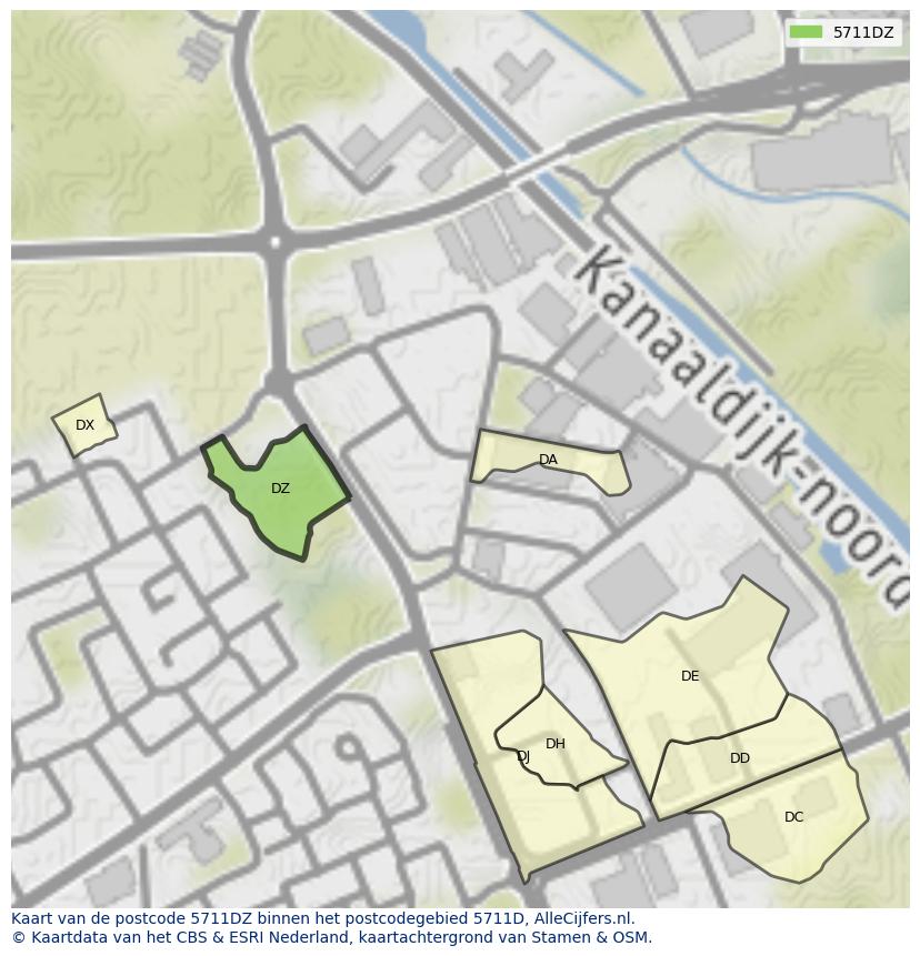 Afbeelding van het postcodegebied 5711 DZ op de kaart.