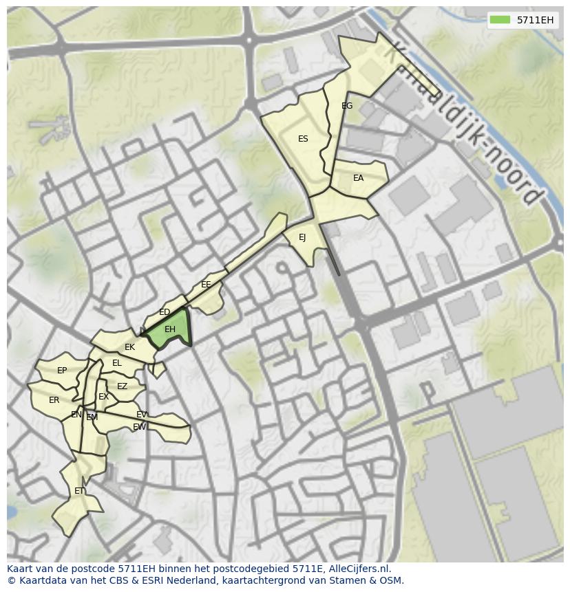 Afbeelding van het postcodegebied 5711 EH op de kaart.