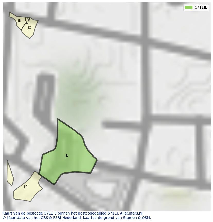 Afbeelding van het postcodegebied 5711 JE op de kaart.