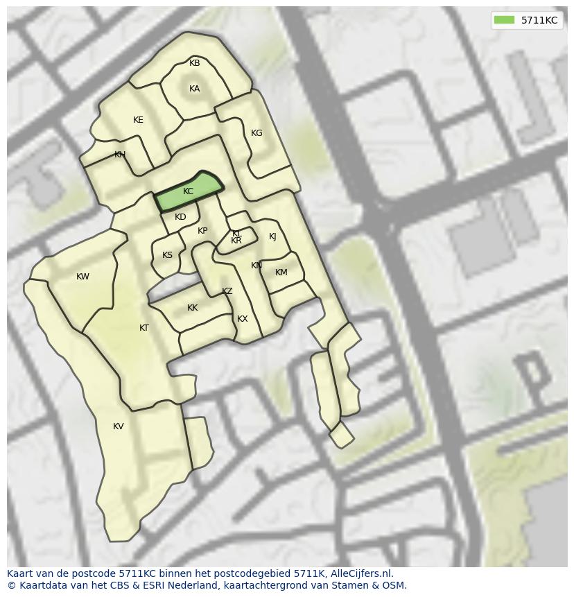 Afbeelding van het postcodegebied 5711 KC op de kaart.