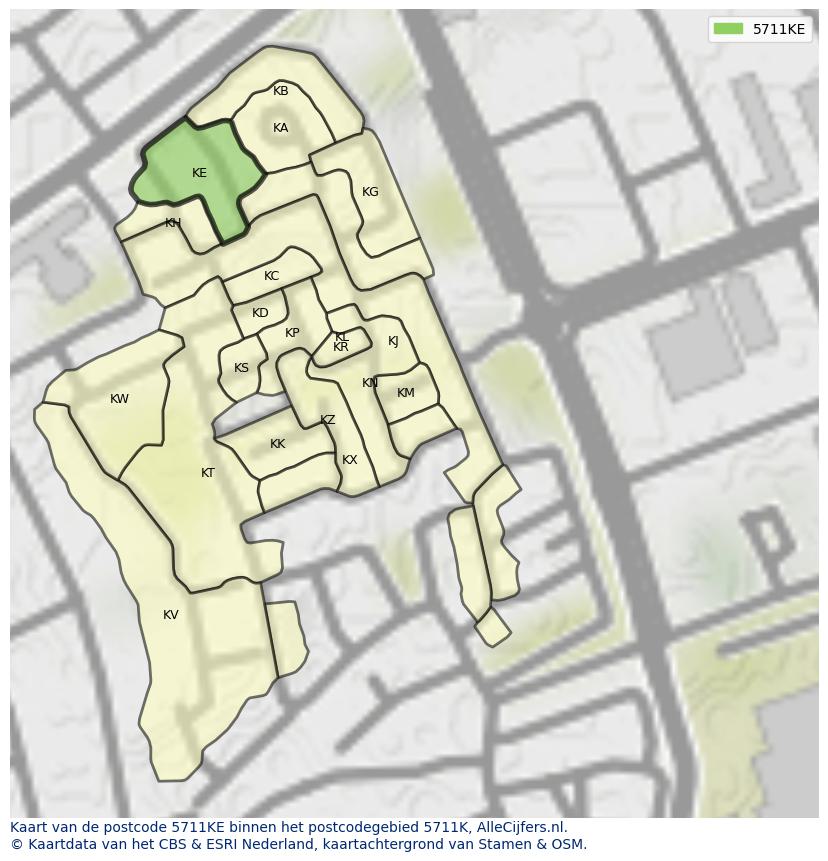 Afbeelding van het postcodegebied 5711 KE op de kaart.