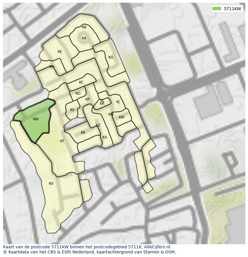 Afbeelding van het postcodegebied 5711 KW op de kaart.