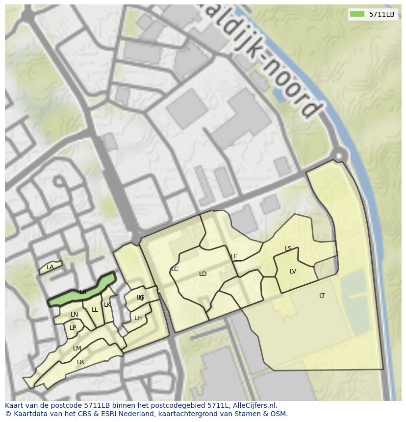 Afbeelding van het postcodegebied 5711 LB op de kaart.