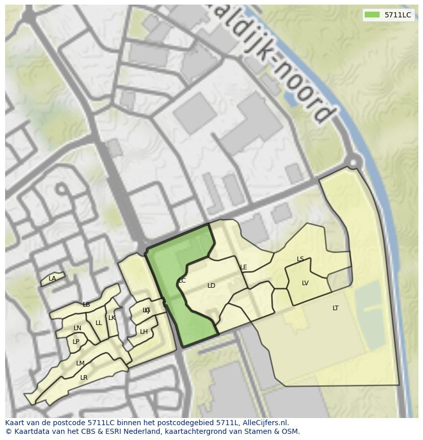 Afbeelding van het postcodegebied 5711 LC op de kaart.