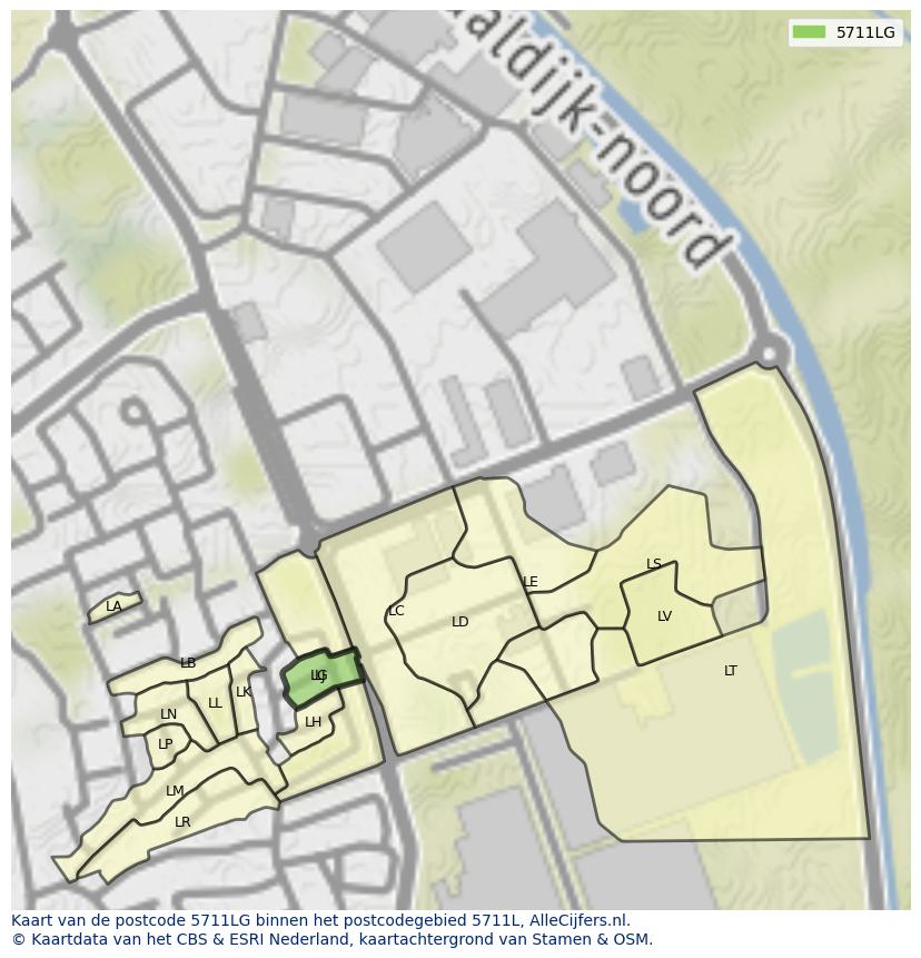 Afbeelding van het postcodegebied 5711 LG op de kaart.