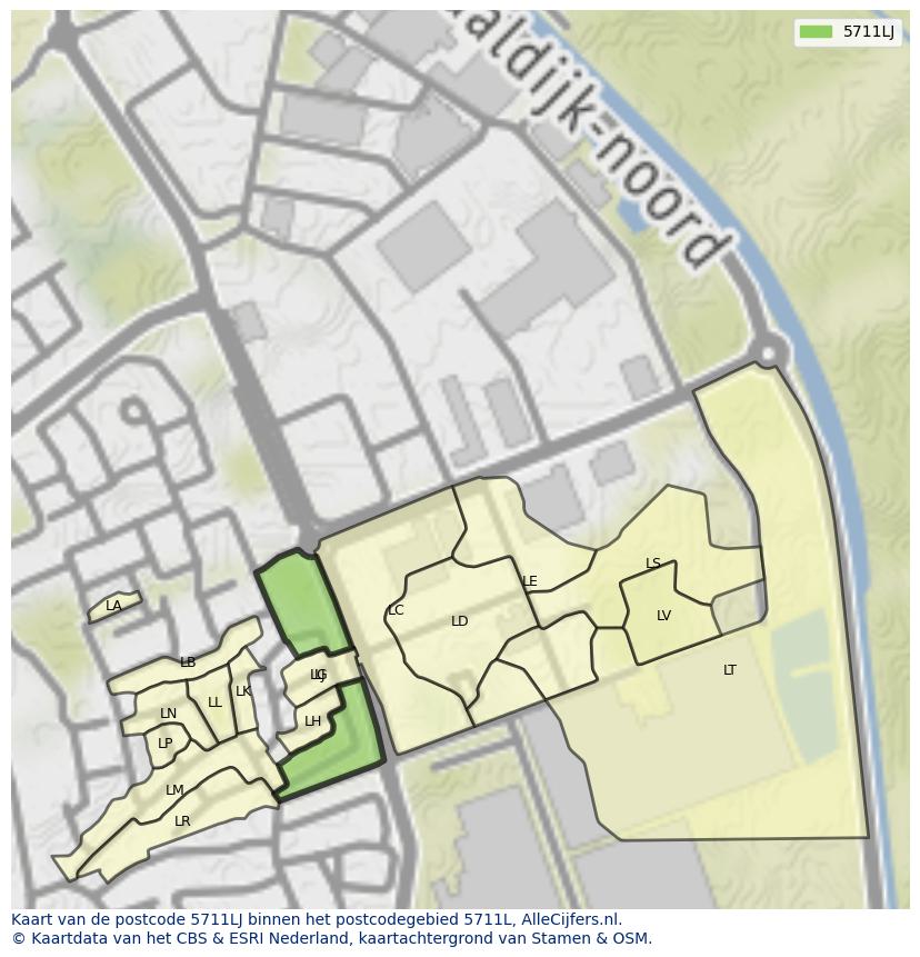Afbeelding van het postcodegebied 5711 LJ op de kaart.