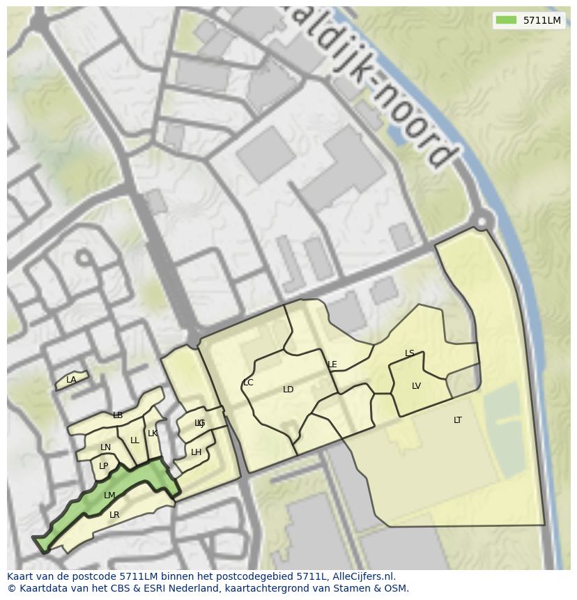 Afbeelding van het postcodegebied 5711 LM op de kaart.