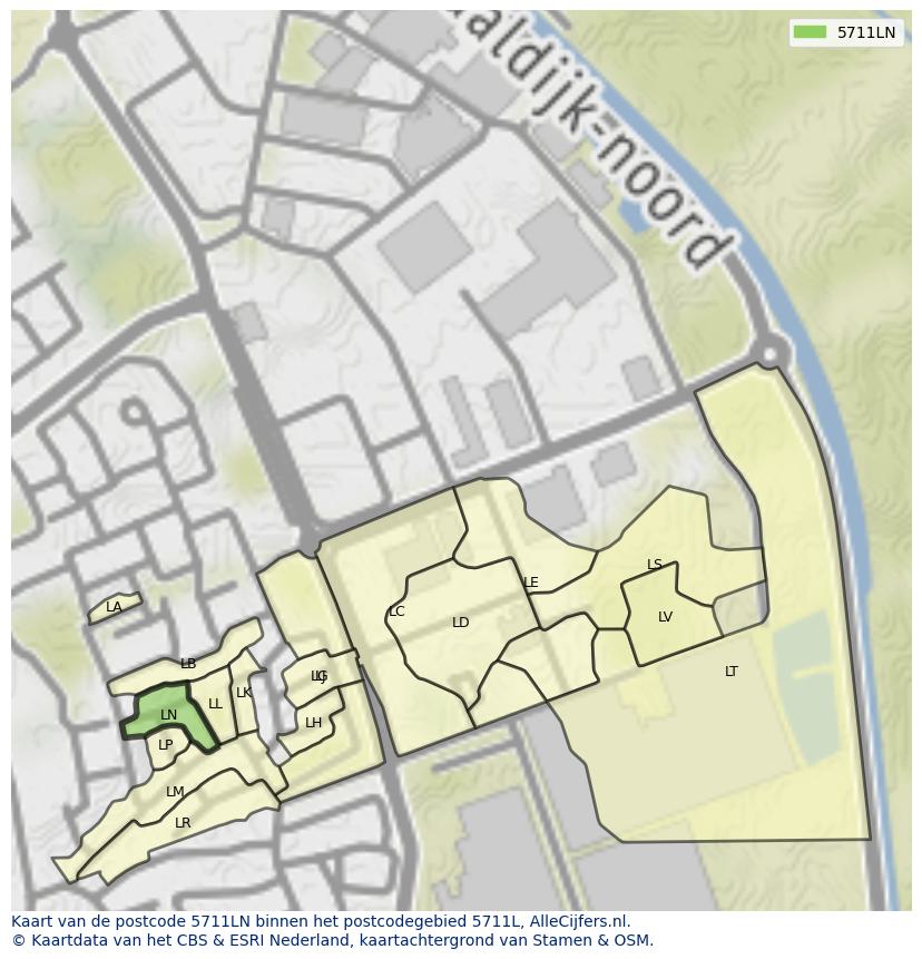 Afbeelding van het postcodegebied 5711 LN op de kaart.