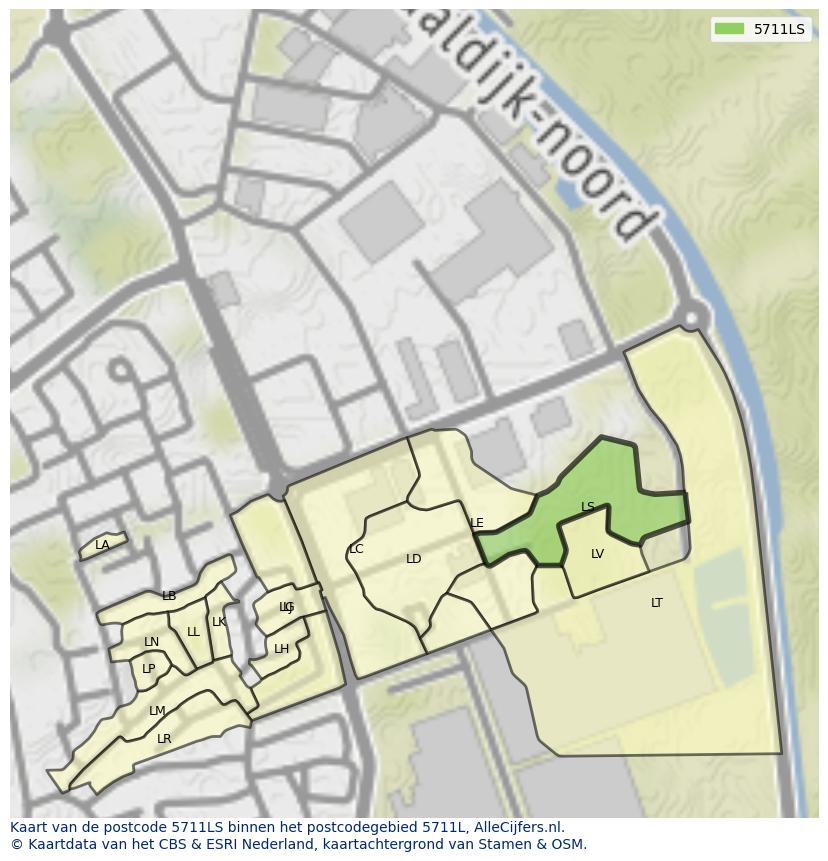 Afbeelding van het postcodegebied 5711 LS op de kaart.