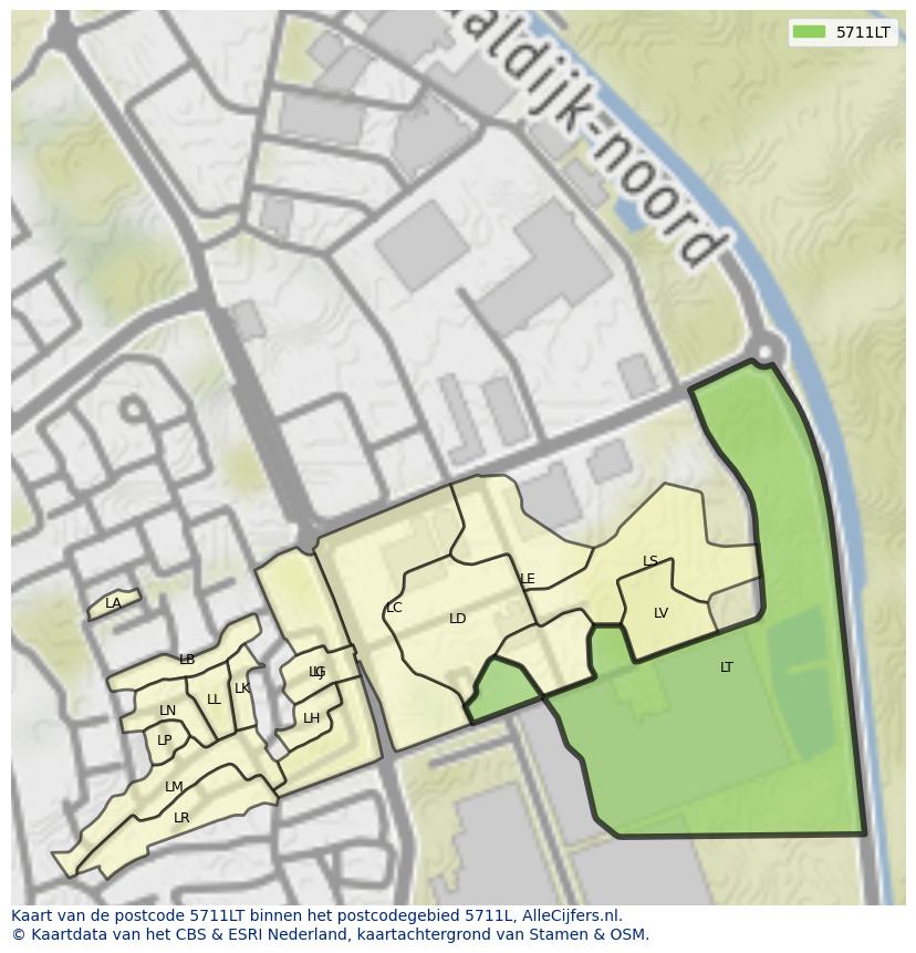 Afbeelding van het postcodegebied 5711 LT op de kaart.
