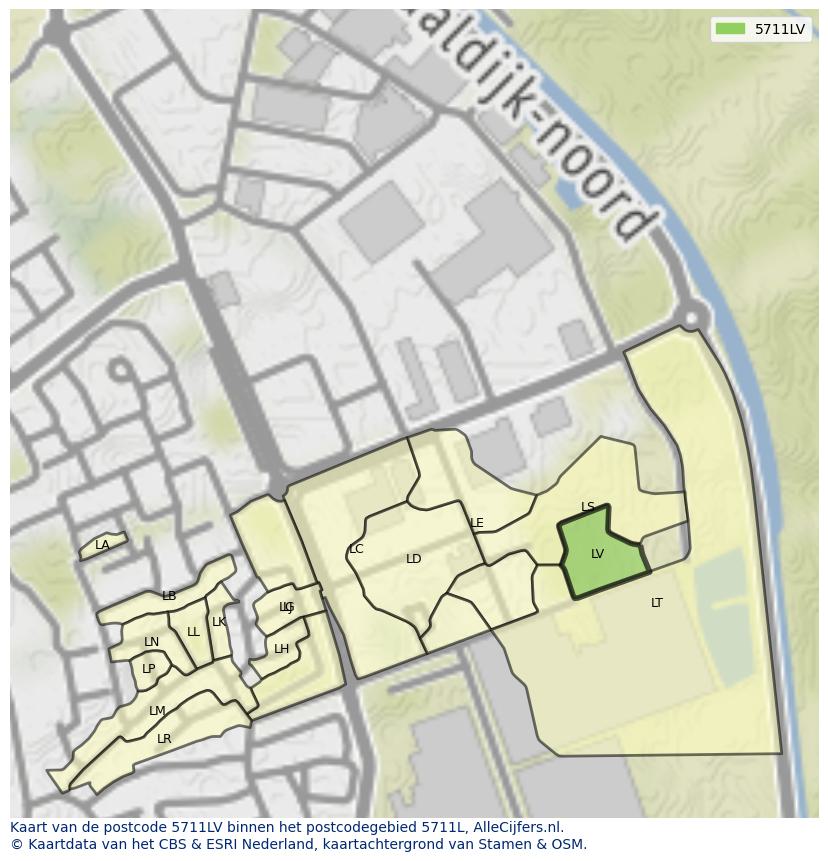 Afbeelding van het postcodegebied 5711 LV op de kaart.