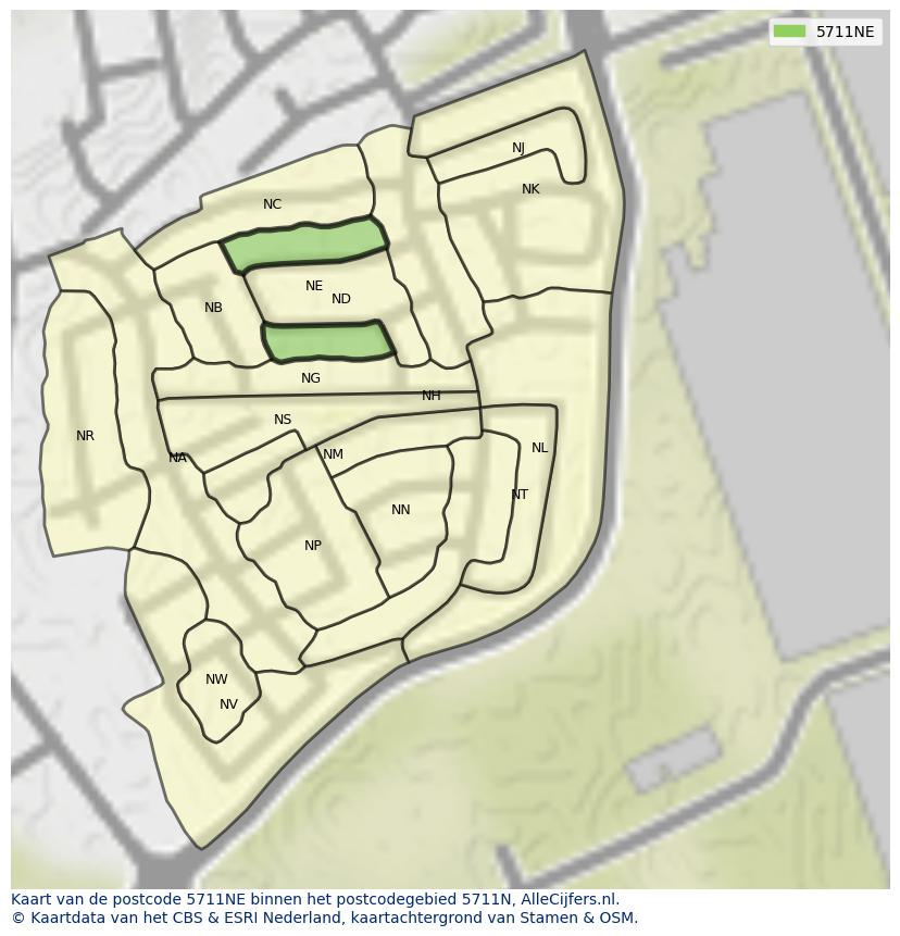 Afbeelding van het postcodegebied 5711 NE op de kaart.